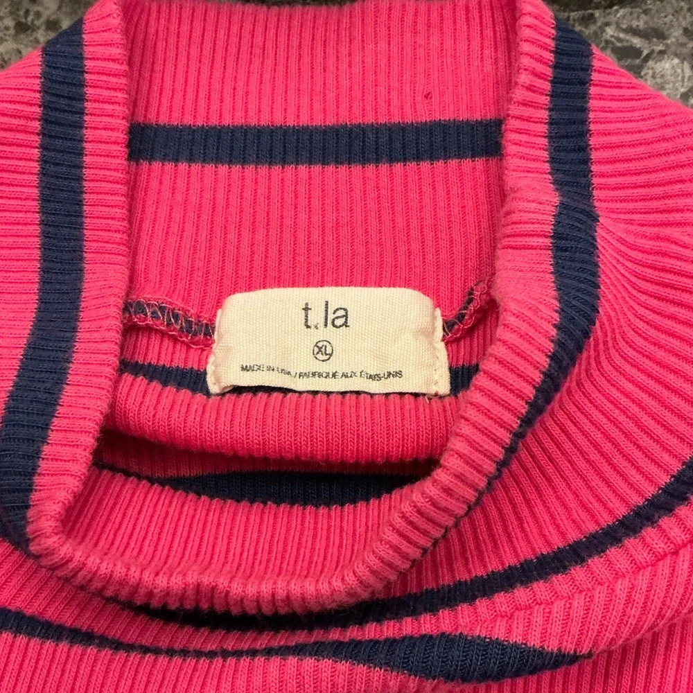 T.La Anthropologie Vibrant Pink Navy Stripe Ruffle Turtleneck Pullover Woman XL - Picture 3 of 11